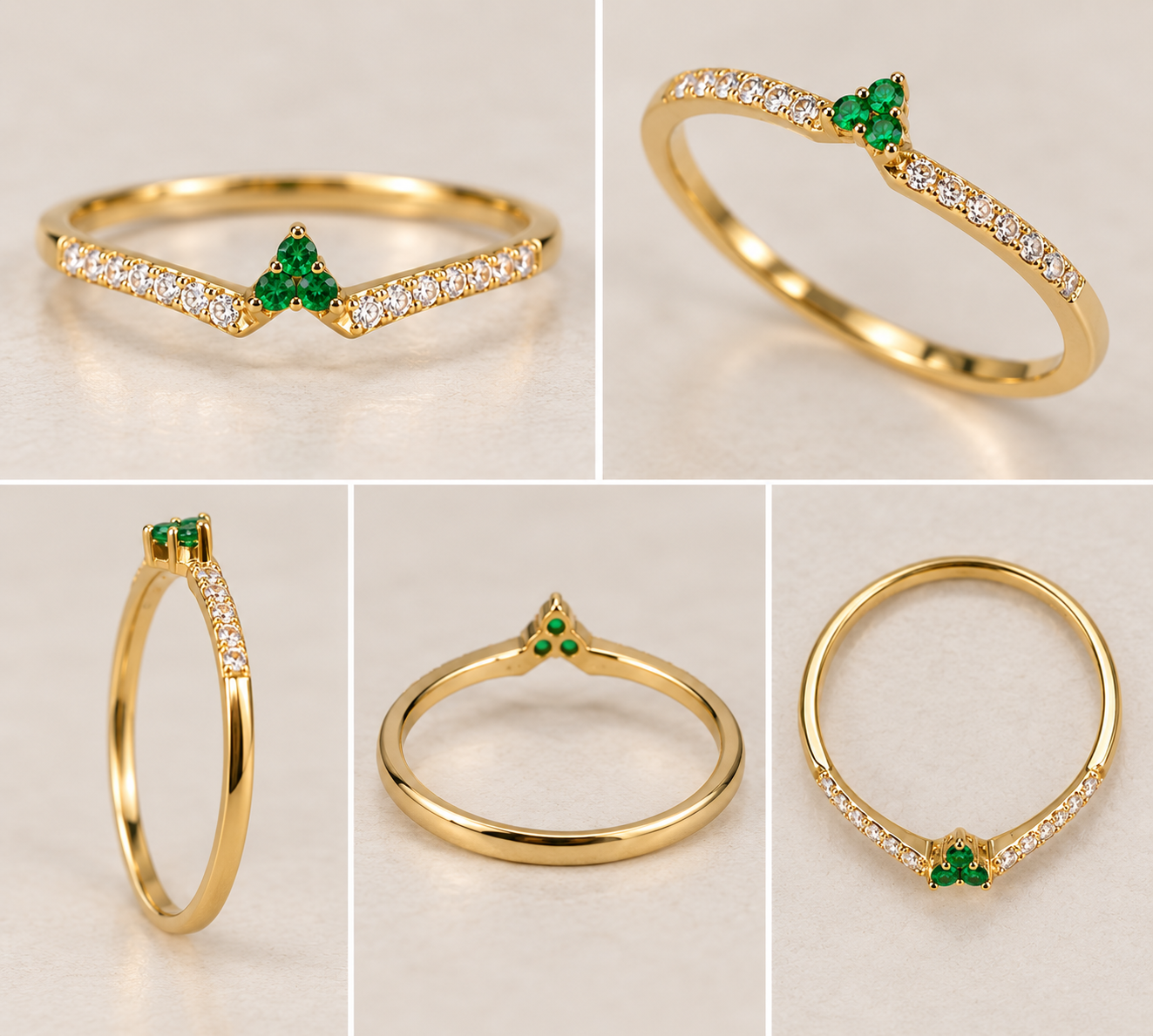 14K Yellow Gold Emerald & Diamond V-Shaped Ring