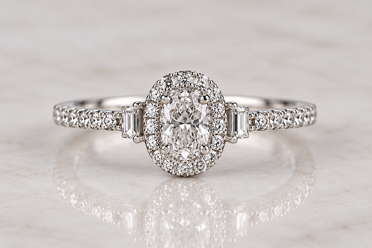 14K White Gold 0.30 CT Diamond Round & Baguette Engagement Ring