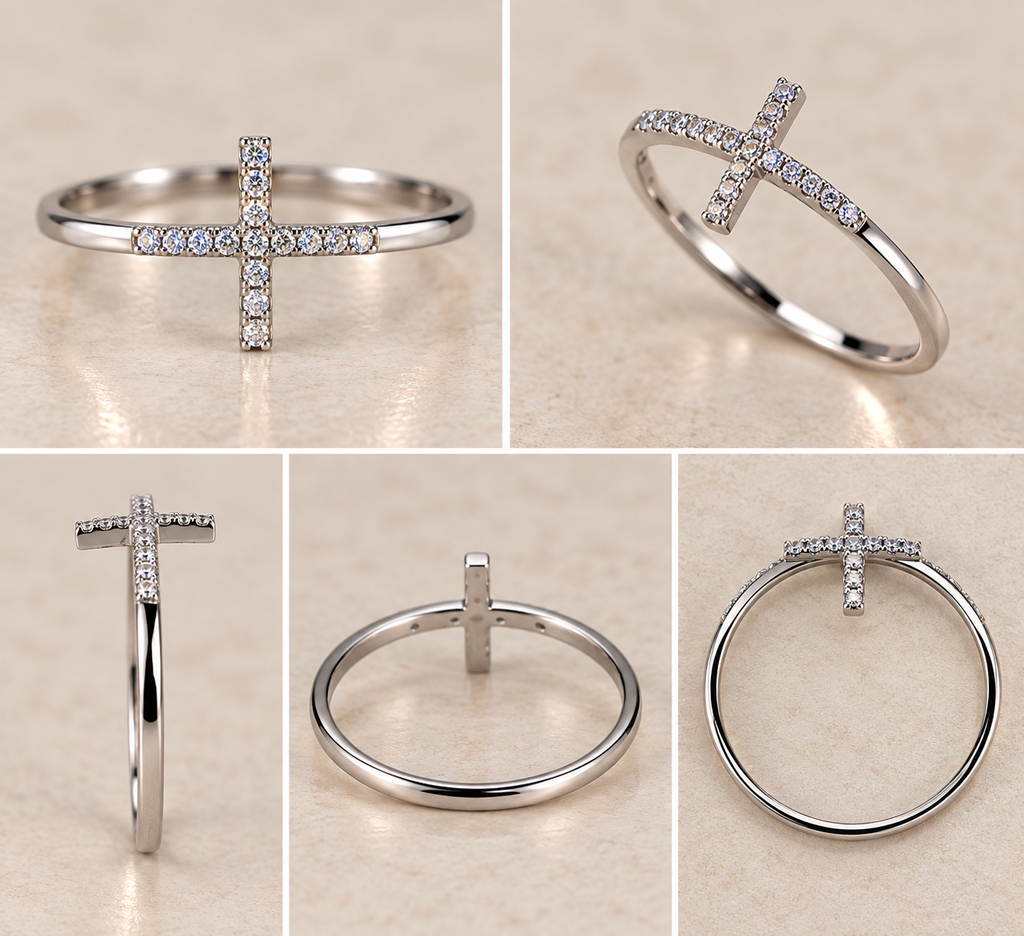 14K White Gold Diamond Mini Cross Ring