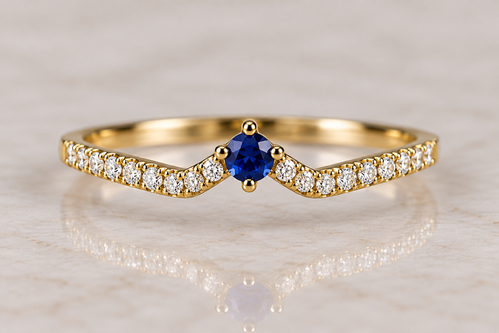 14K Yellow Gold Blue Sapphire & Diamond V-Shaped Chevron Ring