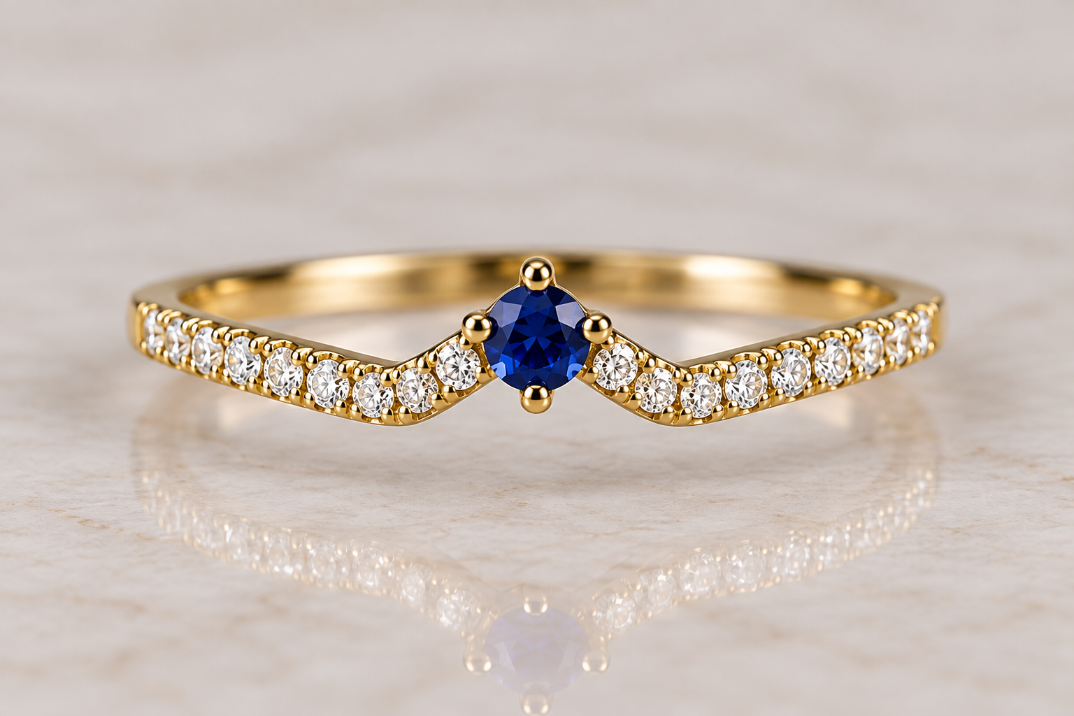 14K Yellow Gold Blue Sapphire & Diamond V-Shaped Chevron Ring