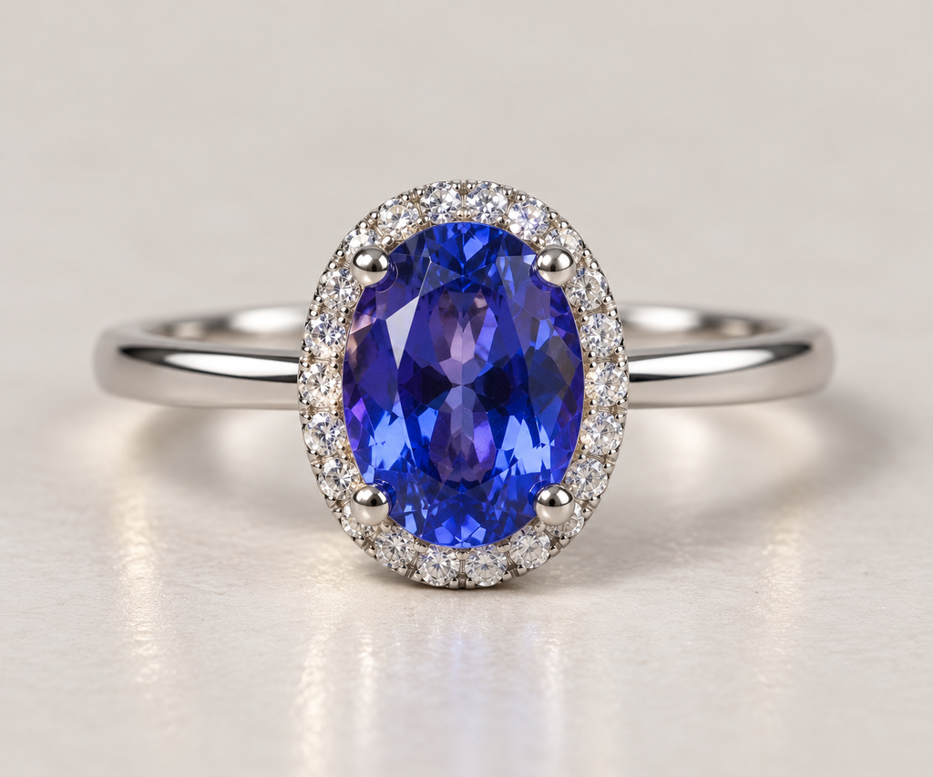 14K White Gold Tanzanite & Diamond Halo Ring
