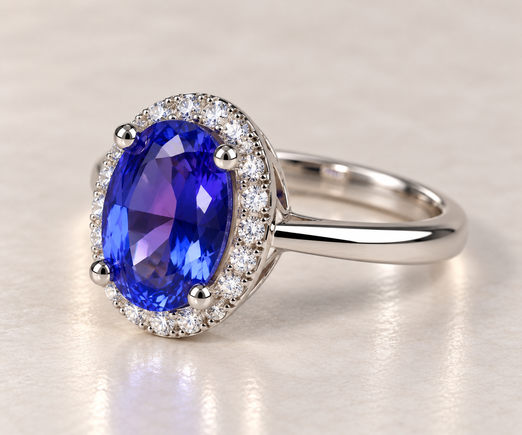 14K White Gold Tanzanite & Diamond Halo Ring
