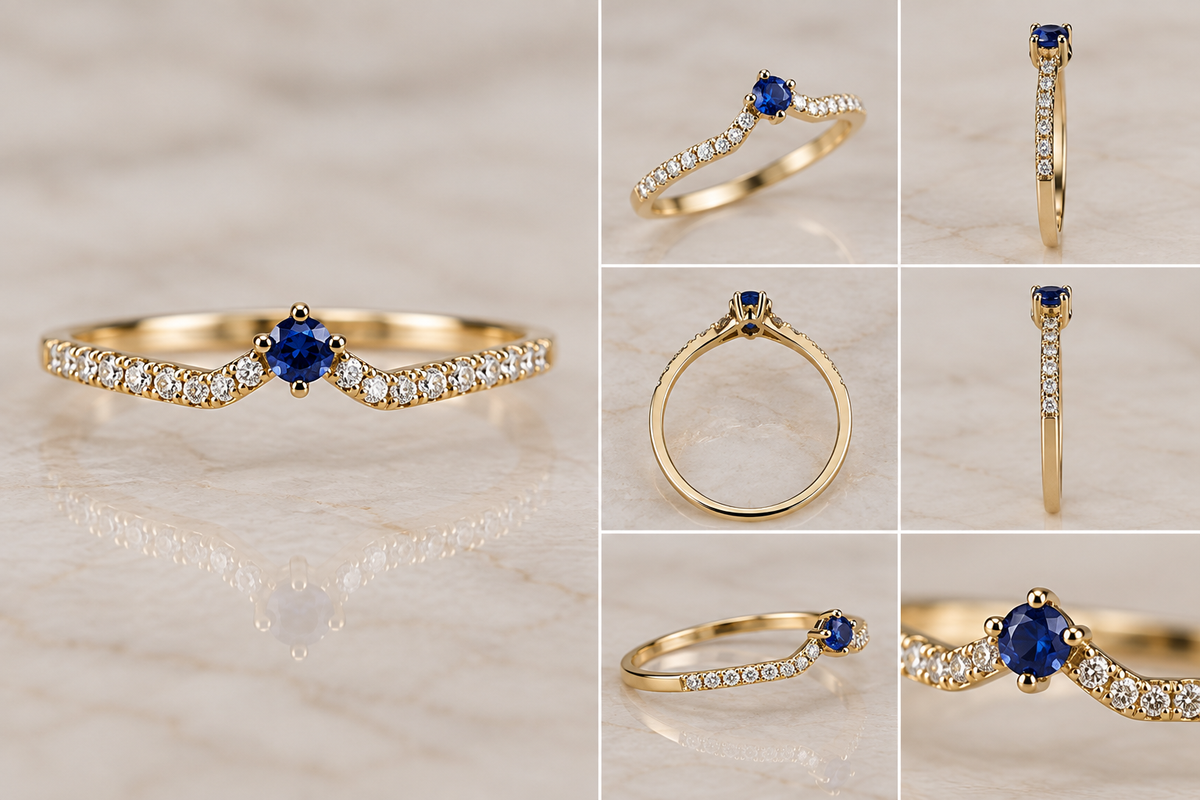 14K Yellow Gold Blue Sapphire & Diamond V-Shaped Chevron Ring