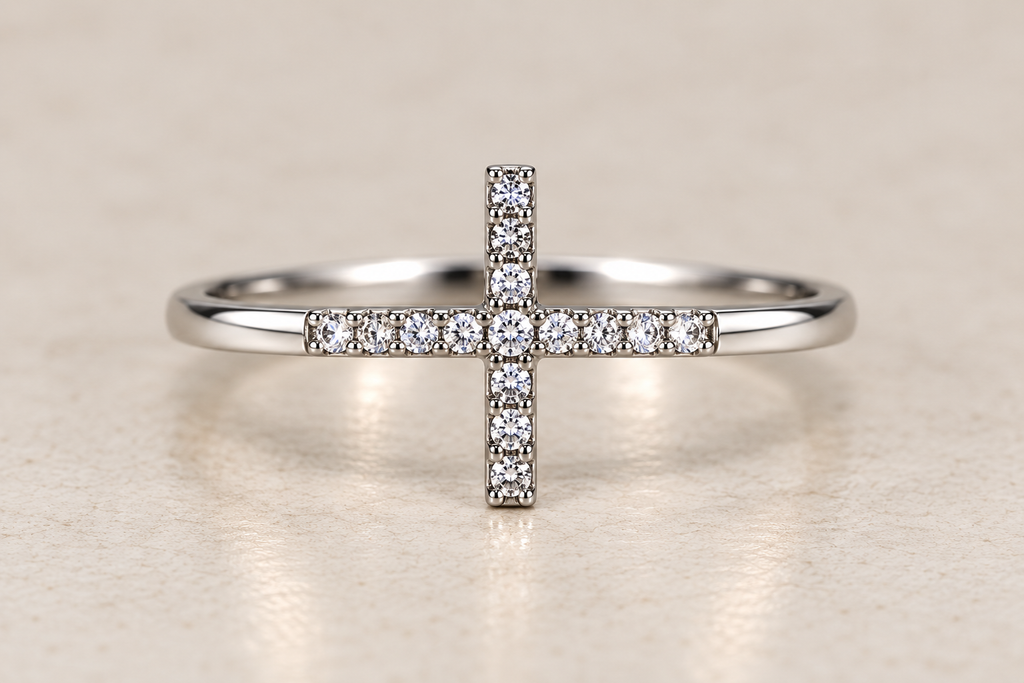 14K White Gold Diamond Mini Cross Ring