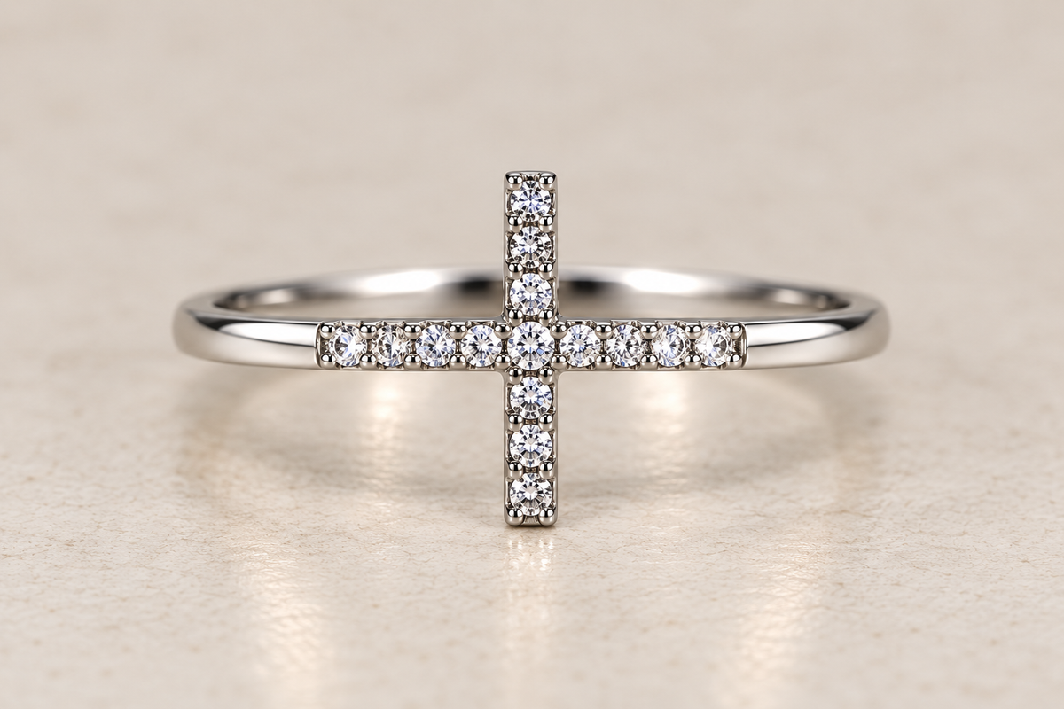 14K White Gold Diamond Mini Cross Ring