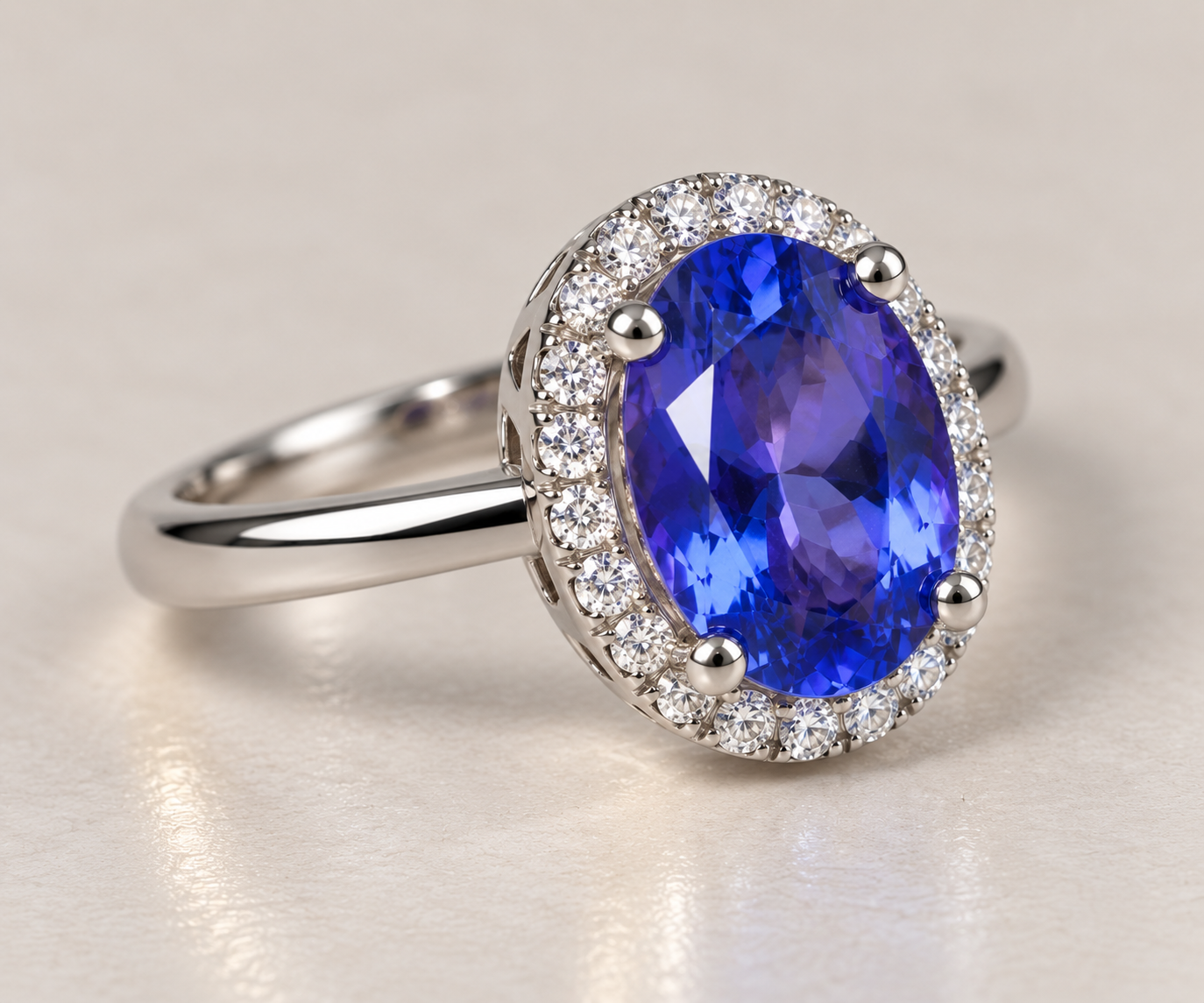 14K White Gold Tanzanite & Diamond Halo Ring