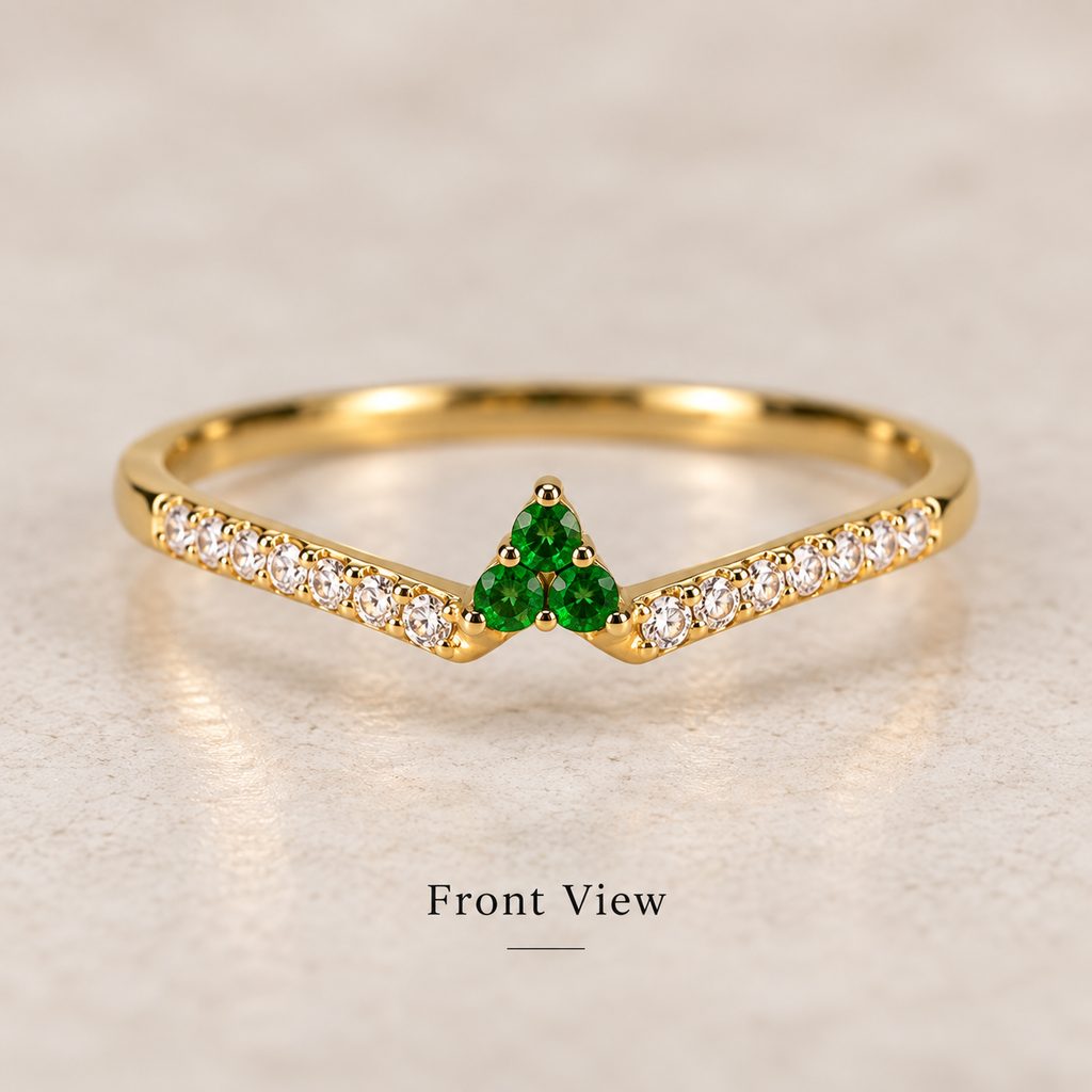 14K Yellow Gold Emerald & Diamond V-Shaped Ring
