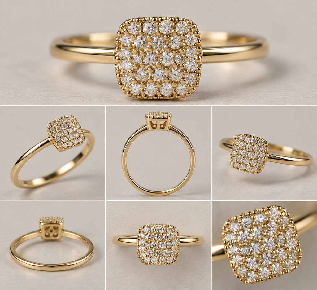 14K Yellow Gold Diamond Square Cluster Ring