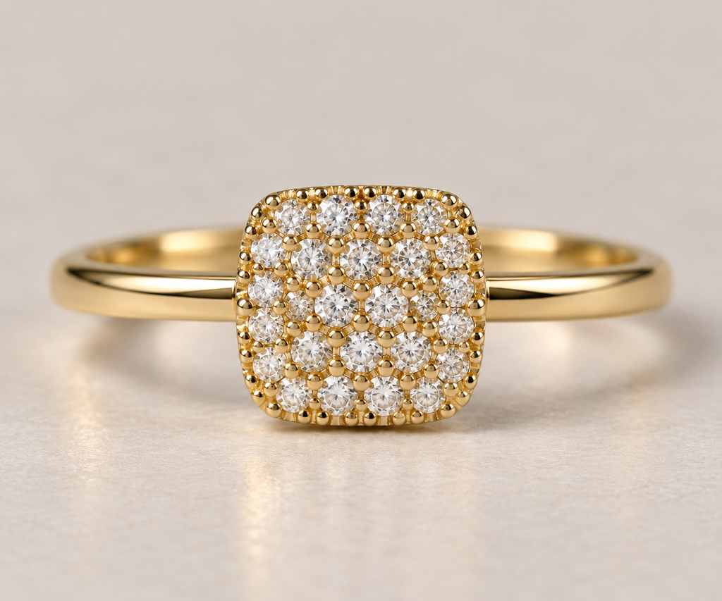 14K Yellow Gold Diamond Square Cluster Ring