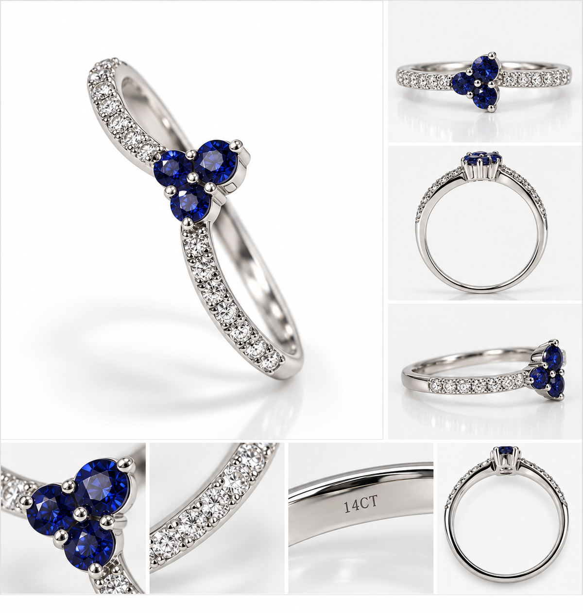 14CT White Gold Diamond & Blue Sapphire V-Shape Ring