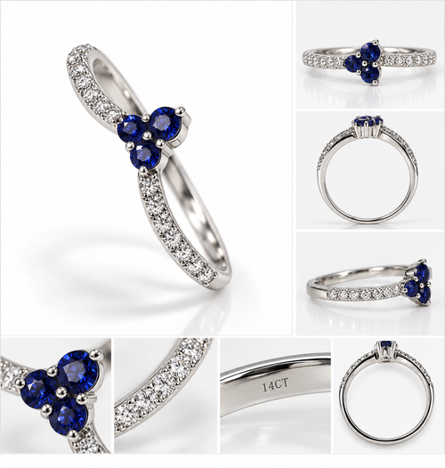 14CT White Gold Diamond & Blue Sapphire V-Shape Ring