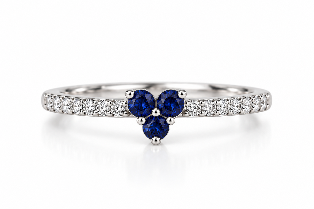 14CT White Gold Diamond & Blue Sapphire V-Shape Ring