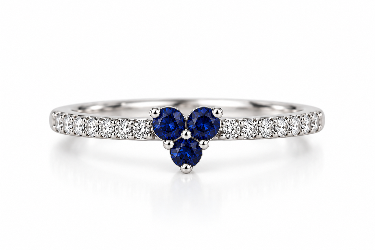 14CT White Gold Diamond & Blue Sapphire V-Shape Ring