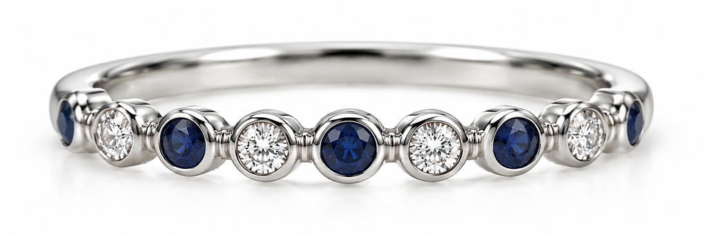 14K White Gold Diamond & Blue Sapphire Alternating Band Ring