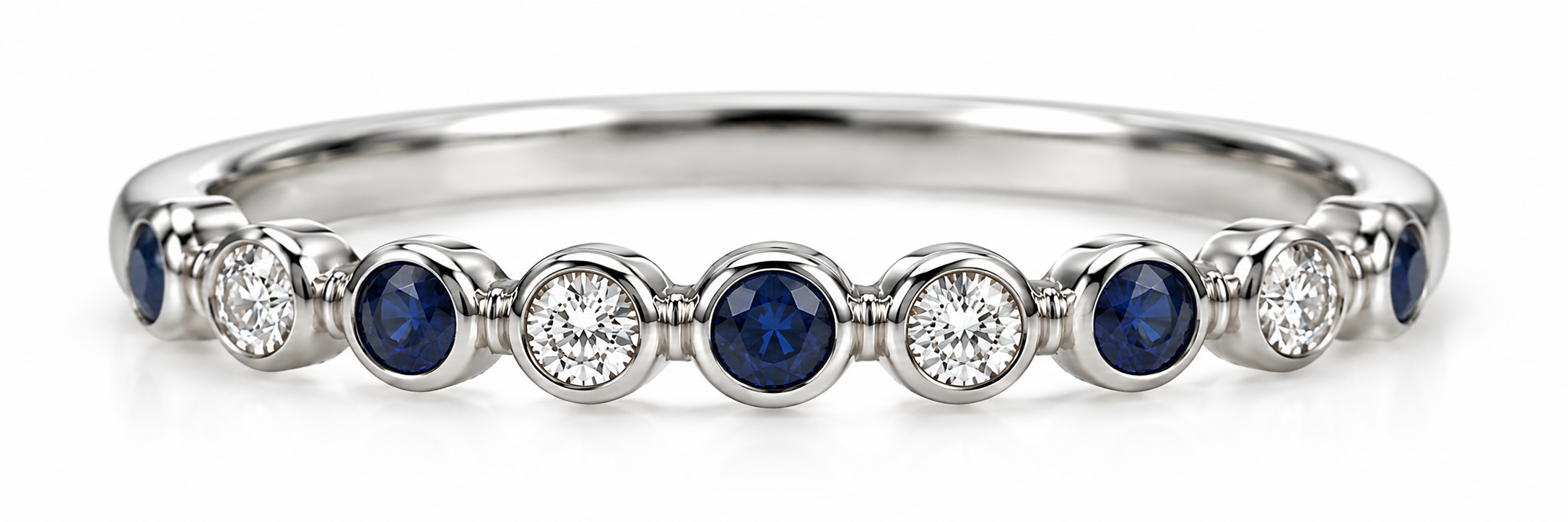 14K White Gold Diamond & Blue Sapphire Alternating Band Ring