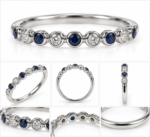 14K White Gold Diamond & Blue Sapphire Alternating Band Ring