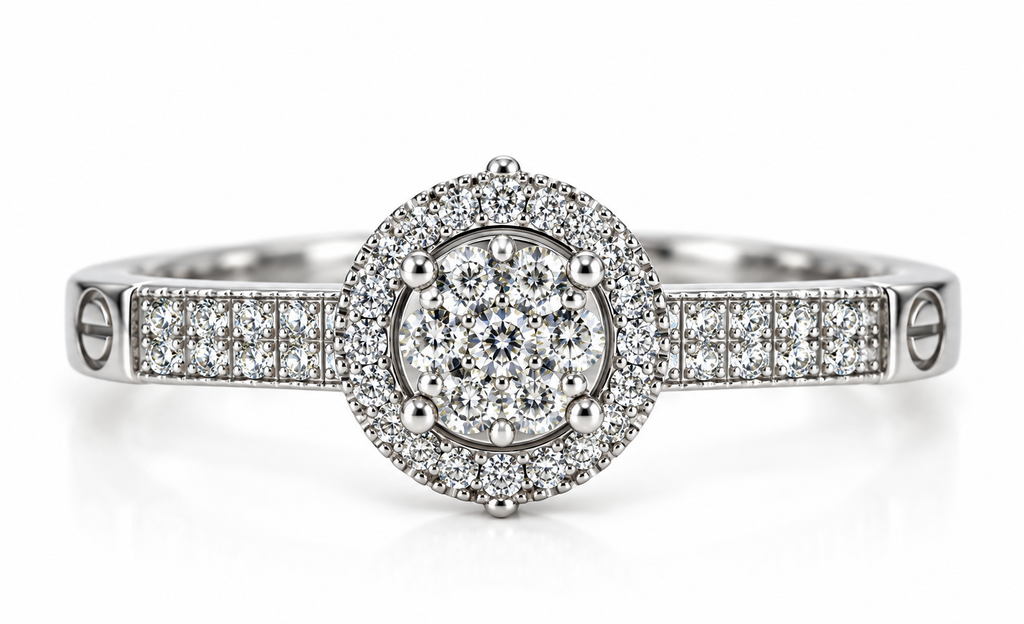 White Gold Diamond Round Halo Cluster Ring