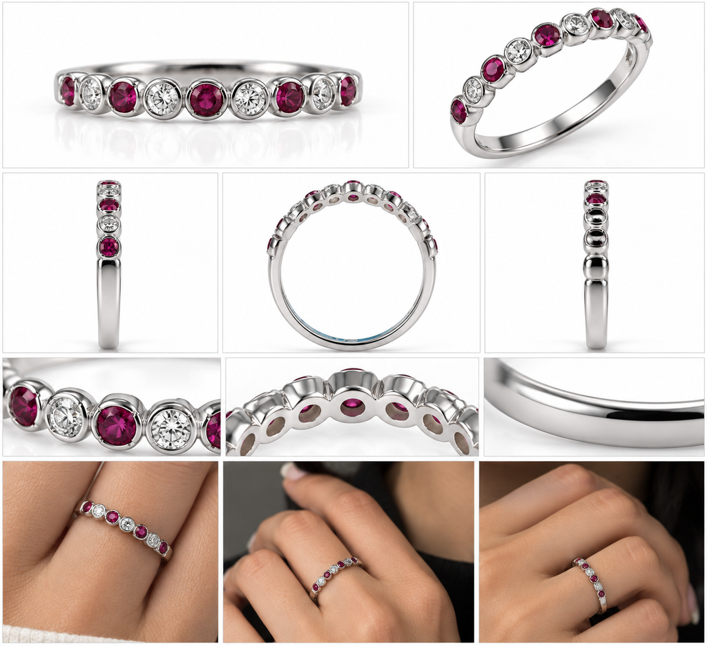 White Gold Ruby & Diamond Bezel-Set Band Ring