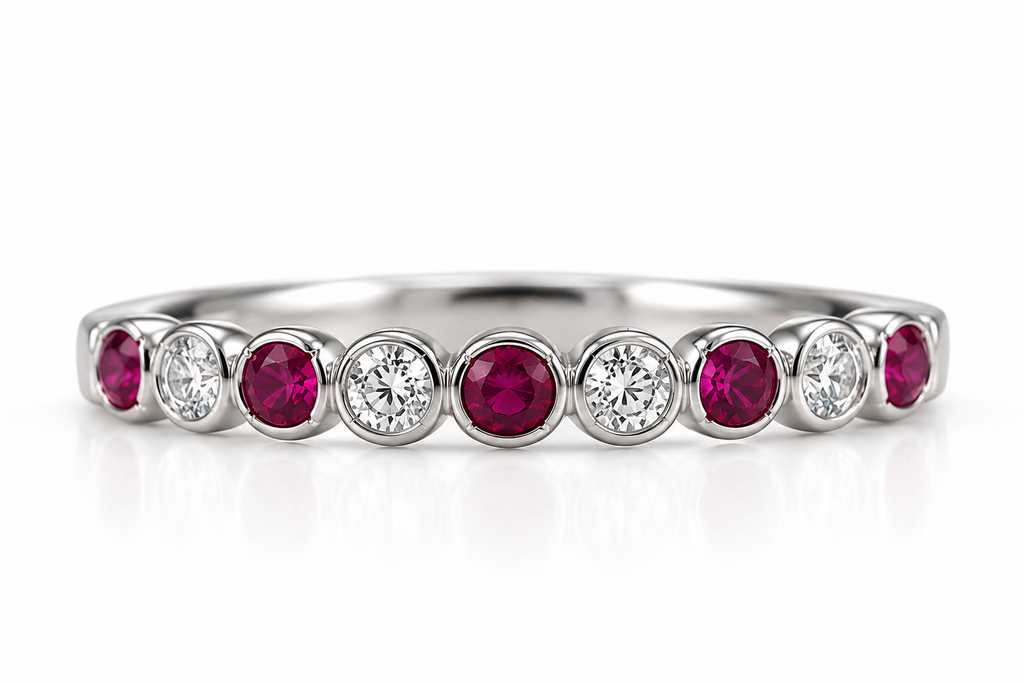 White Gold Ruby & Diamond Bezel-Set Band Ring
