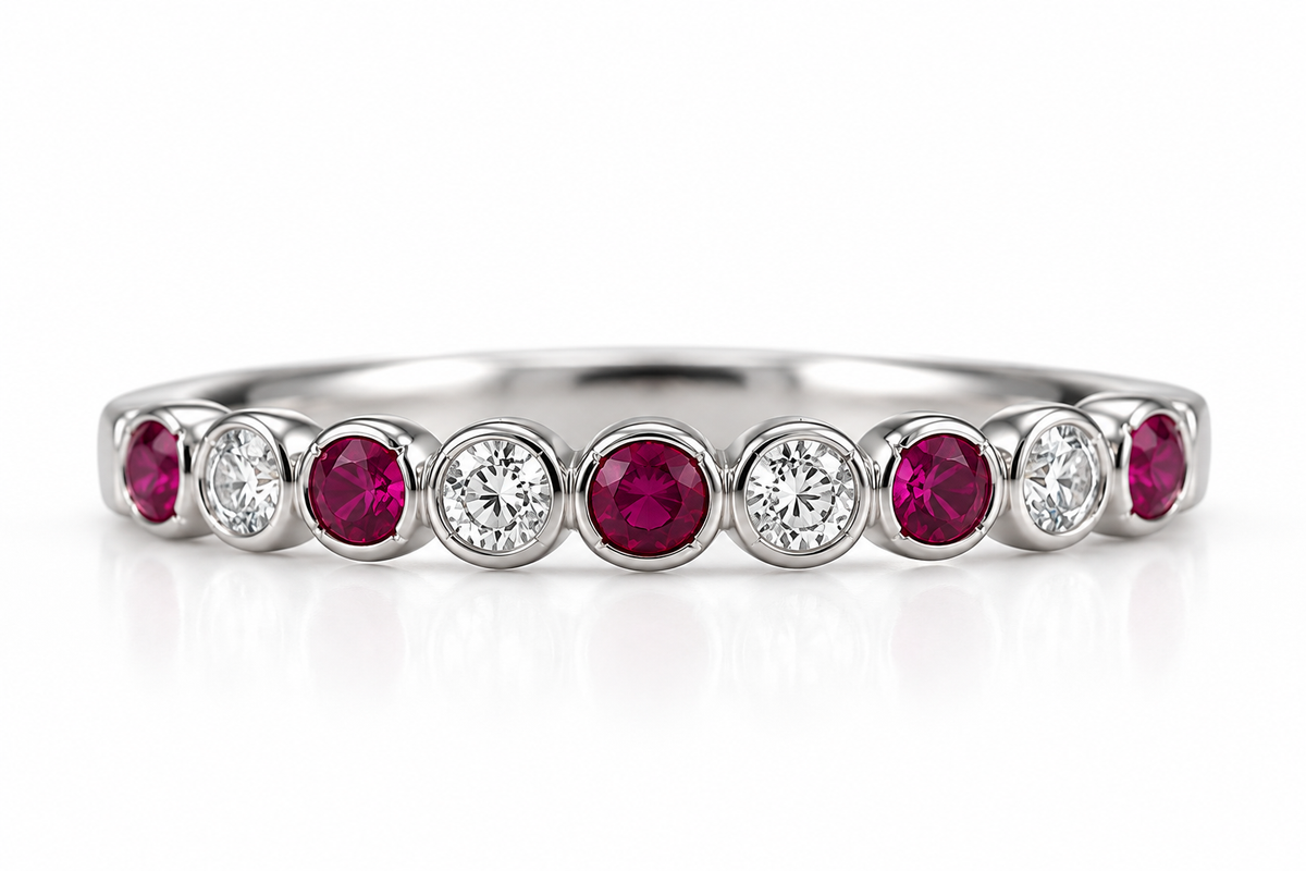 White Gold Ruby & Diamond Bezel-Set Band Ring