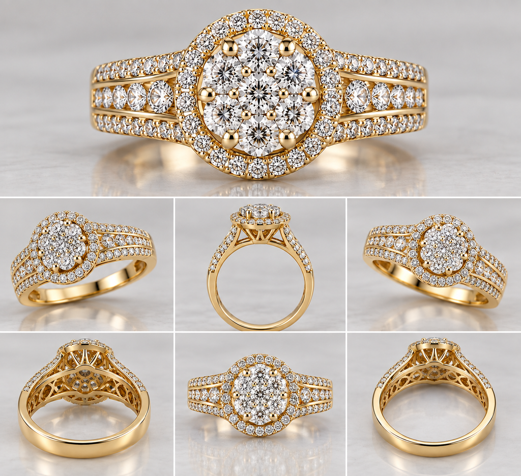 Diamond Floral Halo Three-Row Gold Ring