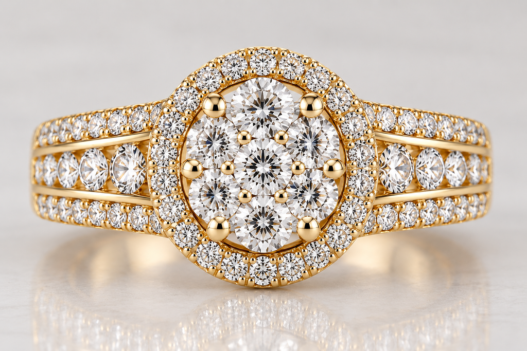 Diamond Floral Halo Three-Row Gold Ring