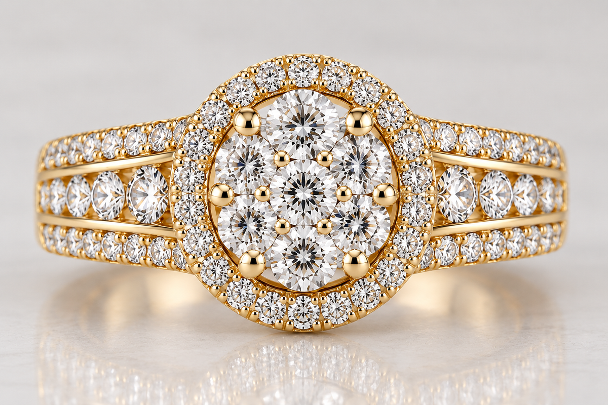 Diamond Floral Halo Three-Row Gold Ring