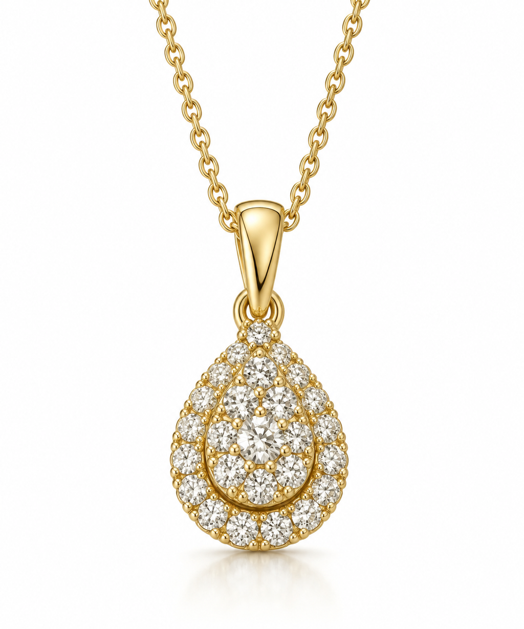 Diamond Teardrop Halo Pendant Necklace in Yellow Gold