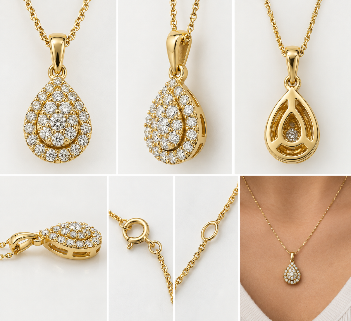 Diamond Teardrop Halo Pendant Necklace in Yellow Gold