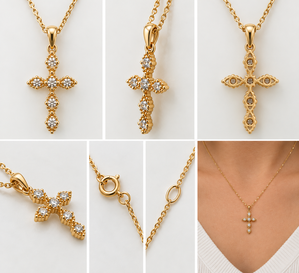 Six-Diamond Cross Pendant Necklace in Yellow Gold
