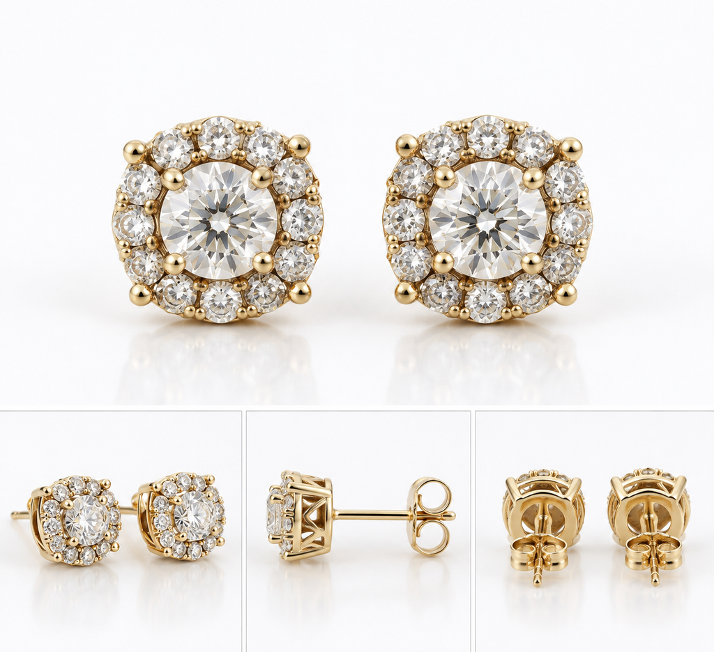 Classic Diamond Halo Stud Earrings in Yellow Gold