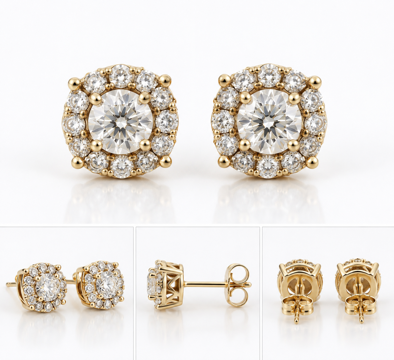 Classic Diamond Halo Stud Earrings in Yellow Gold