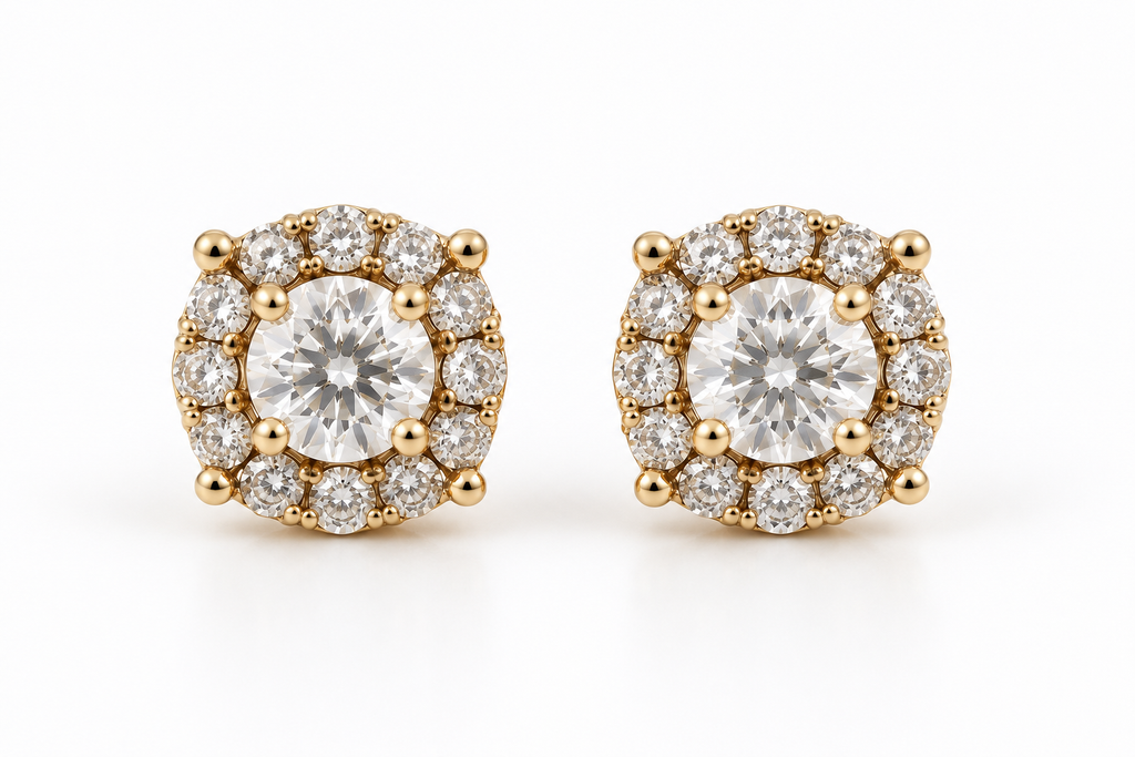 Classic Diamond Halo Stud Earrings in Yellow Gold