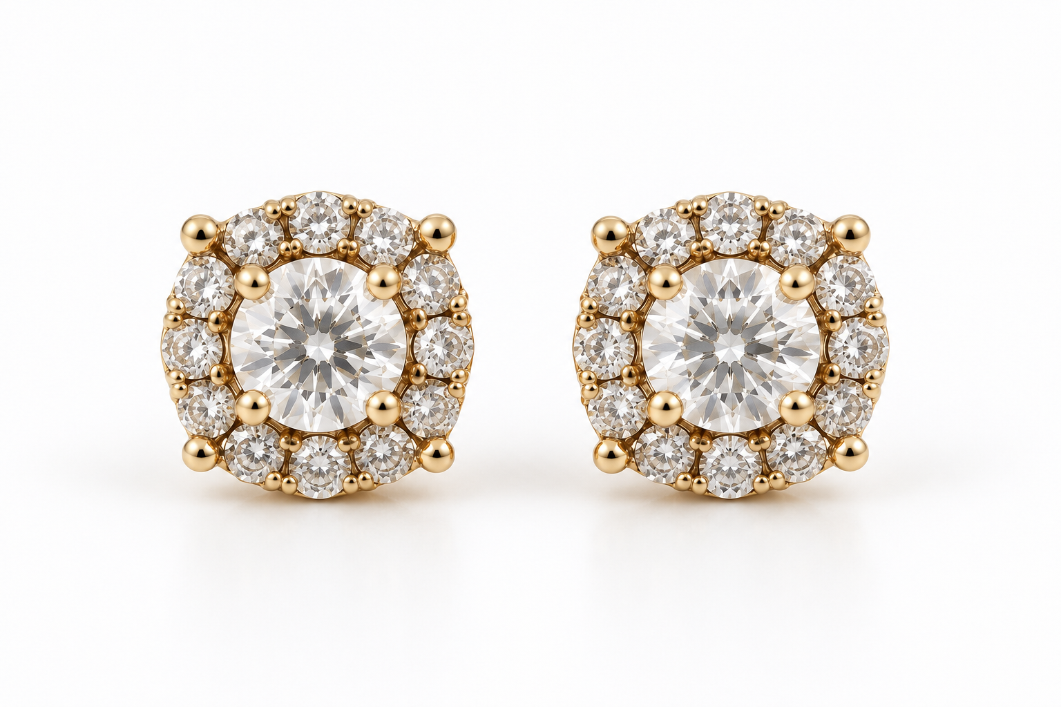 Classic Diamond Halo Stud Earrings in Yellow Gold