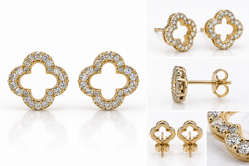14K Gold Diamond Open Clover Stud Earrings