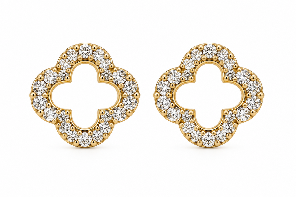 14K Gold Diamond Open Clover Stud Earrings