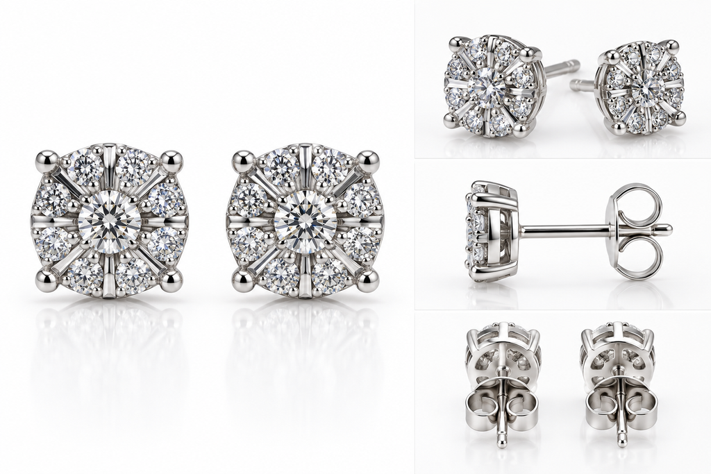 14K White Gold Diamond Cluster Stud Earrings
