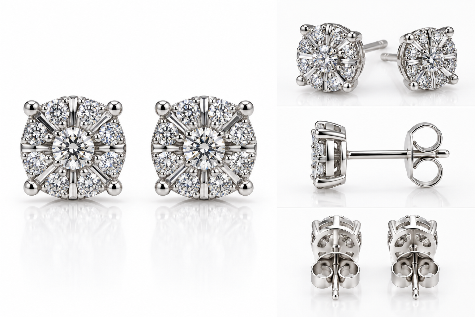 14K White Gold Diamond Cluster Stud Earrings