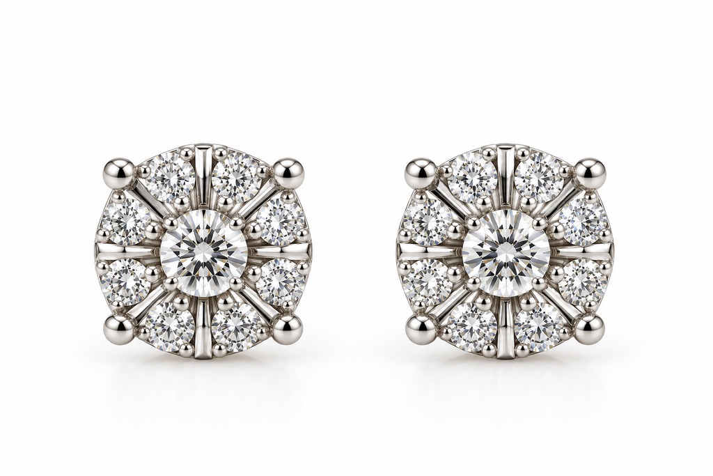 14K White Gold Diamond Cluster Stud Earrings